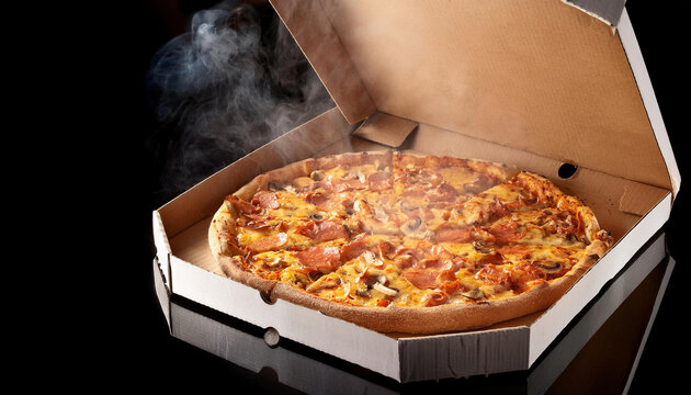 A pepperoni pizza with melted cheese is served in a cardboard delivery box against dark background