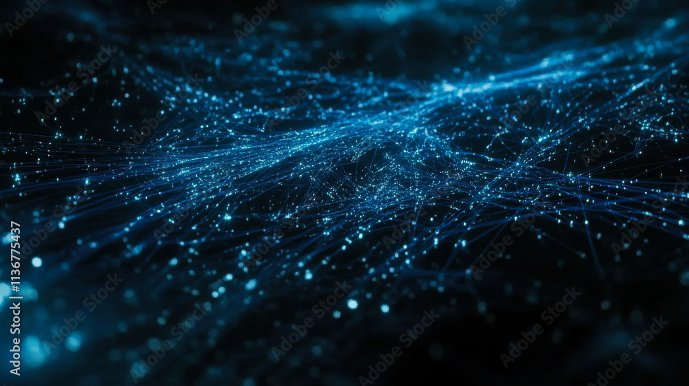 Aufkleber Digital blue abstract background with glowing lines and particles creating a wave-like pattern in a vast dark space
