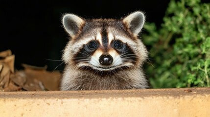 Obraz premium Close-up raccoon with curious eyes peeking over wooden fence at night, wildlife nature photography perfect for animal themes, outdoor adventure, forest background, dark natural setting