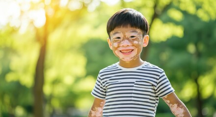 Joyful asian child with vitiligo in sunlit park wearing striped shirt
