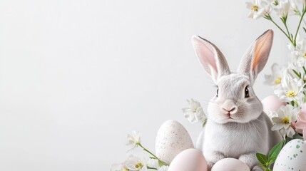 Obraz premium Adorable Easter Bunny with Eggs Spring Flowers