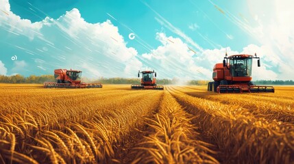 Obraz premium Bountiful Harvest: Combine Harvesters at Work in a Golden Wheat Field