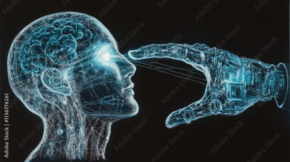 Poster a highly detailed robotic hand controlling glowing strings attached to a human head, symbolizing ai'