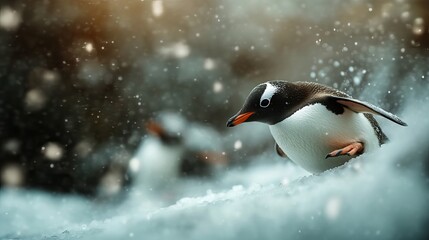 Obraz premium A solitary Gentoo penguin navigates through falling snow in a serene, wintry landscape, showcasing its vibrant orange beak.