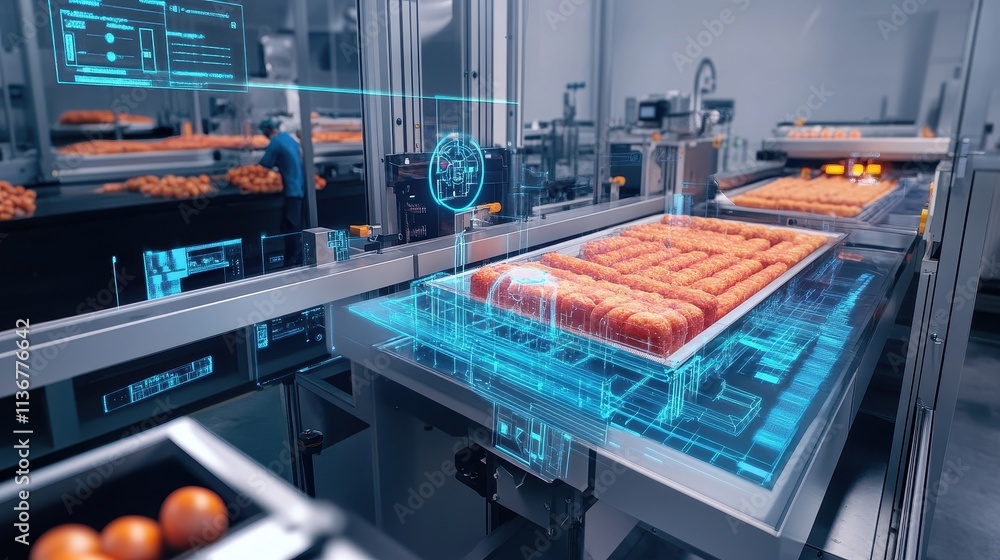 Poster futuristic food production line in an automated factory