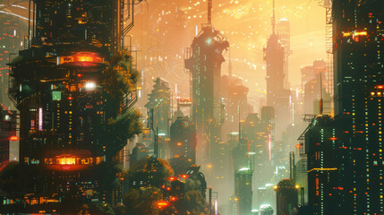 Fototapeta premium Futuristic cyberpunk cityscape showing glowing skyscrapers and lush vegetation at sunset