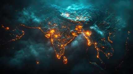 A breathtaking nighttime view of the Indian subcontinent, ablaze with city lights. The image showcases the dense population and vibrant energy of the region.