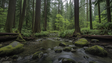 Fototapeta premium A serene forest scene featuring a stream surrounded by tall trees and lush greenery.