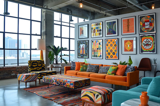 interior design trends, a blend of vintage and modern styles in a vibrant living room with bold patterns, mixed textures, unique art, and colorful furnishings