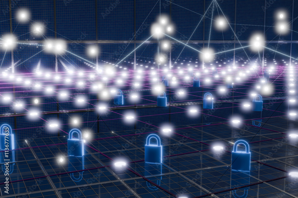 Poster abstract digital landscape with glowing nodes and locks representing cybersecurity themes. 3d render