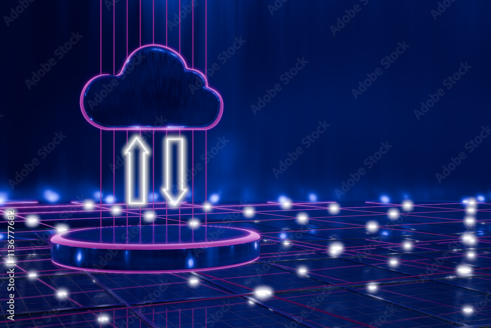 Aufkleber digital cloud icon with upload and download arrows on a futuristic blue background. 3d rendering