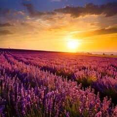 Obraz premium A serene lavender field at sunset, painted with soft purple and gold tones