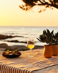 Sunset beach picnic with plantbased tapas and wine glasses