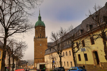 Große Kirchgasse mit Turm der St. Annenkirche, Annaberg Buchholz, Erzgebirgskreis, Sachsen,...