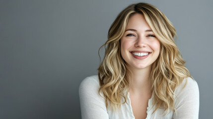 Fototapeta premium Bright smile of a woman with wavy hair against a light background capturing a moment of happiness and joy