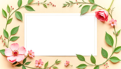 Fototapeta premium Elegant floral background with frame with pink flowers, green leaves, and white paper center on soft beige background. Perfect for invitations, greeting cards, or romantic and vintage-themed designs