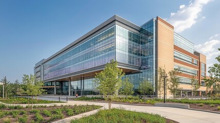 Obraz premium A sleek building with intricate glass architecture, holographic signage, and vibrant greenery emphasizing patient-centered care and innovation.