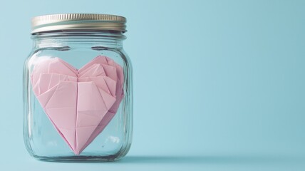 Valentine's Day and DIY gifts concept. A pink origami heart inside a glass jar against a light blue background.
