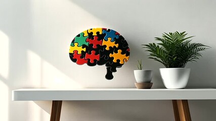 Vivid brain shape made from puzzle pieces on a minimalist white shelf, in a warm, inviting interior, emphasizing cognitive diversity and creativity.