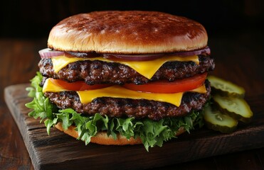 Two Stacked Burgers with Cheese, Lettuce, and Pickles