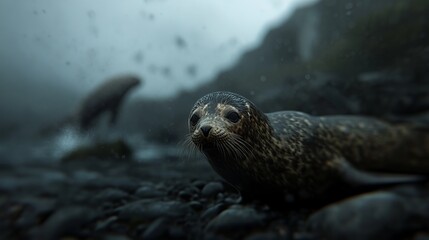 A close-up of a curious seal on rocky shores, with muted colors and a misty environment evoking serenity.