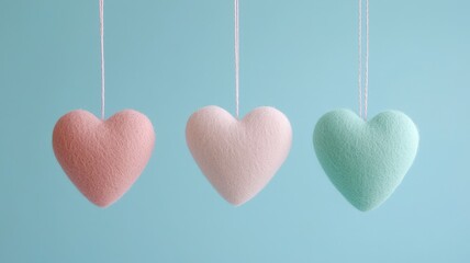Valentine's Day and DIY gifts concept. Hanging pastel hearts against a light blue background create a soft, whimsical feel.