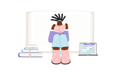 Student sitting under a desk, reading a textbook, preparing for an exam, surrounded by a stack of books and a laptop isolated on white background. Vector outline flat illustration