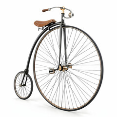 A vintage penny-farthing high-wheel retro bike, featuring a large front wheel and small rear wheel, epitomizing historical cycling.