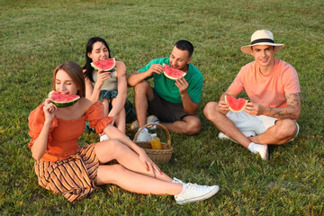 Group of young friends eating watermelon on picnic in park at sunset