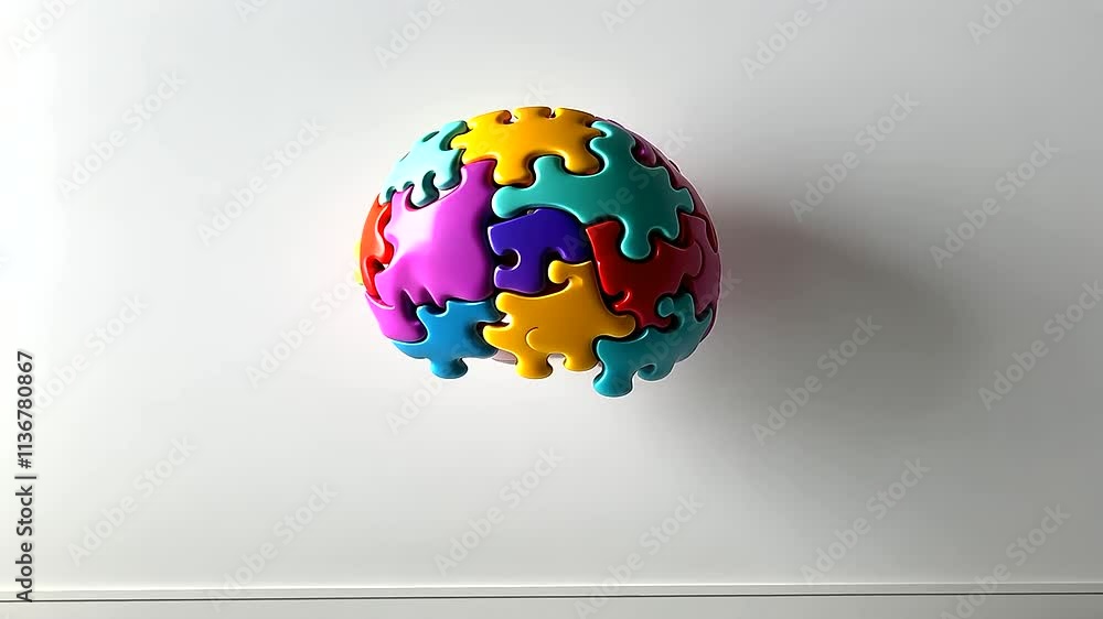 Aufkleber a vibrant d rendering of colorful puzzle pieces in various shapes forming a brain, set against a min