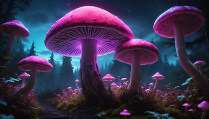 giant glowing mushroom towering into the sky, its cap radiating vibrant neon pink and purple bioluminescent light