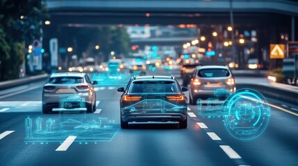 Smart Autonomous Cars on the Futuristic City Street at Night