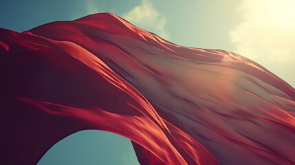Red fabric billows in the wind against a vibrant blue sky, bathed in warm sunlight. The image evokes feelings of freedom and movement.