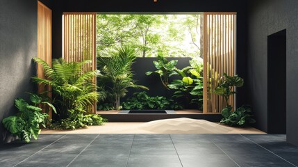 Modern minimalist zen garden indoor-outdoor space.
