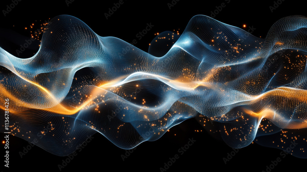 Poster vibrant abstract waves with glowing particles creating a mesmerizing visual effect