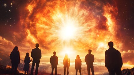 Fototapeta premium Silhouetted figures gaze at a cosmic fiery explosion