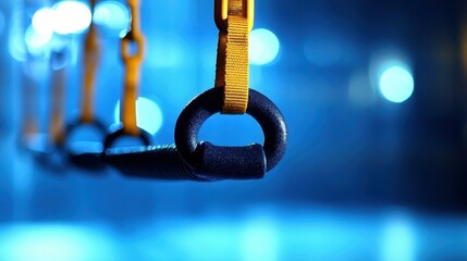 Close-up of black gymnastic rings hanging by yellow straps in indoor fitness center, workout equipment for strength training, blurred blue background with bokeh lights, health and exercise concept