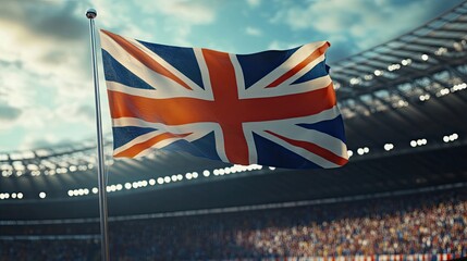The Union Jack flies high above a stadium filled with cheering spectators, a vibrant display of national pride.