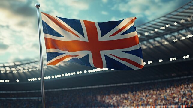 The Union Jack flies high above a stadium filled with cheering spectators, a vibrant display of national pride. - Powered by Adobe