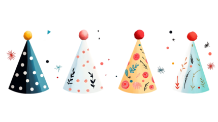 Festive Party Hats  Floral  Polka Dot Designs  Celebration  Birthday  Confetti