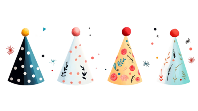 Festive Party Hats  Floral  Polka Dot Designs  Celebration  Birthday  Confetti
