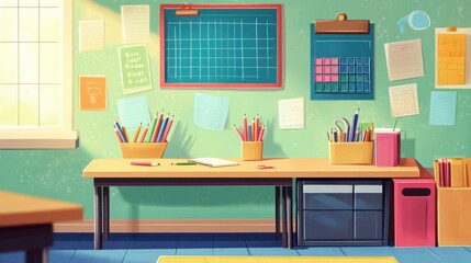 Colorful and Organized Classroom Interior with Desk, Supplies, and Chalkboard