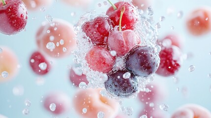 A splash of cherries and peaches in water, showcasing freshness and vitality.