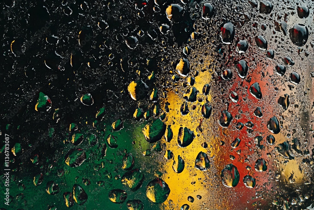 Poster droplets forming intricate patterns on a glass pane with colorful blurred backgrounds