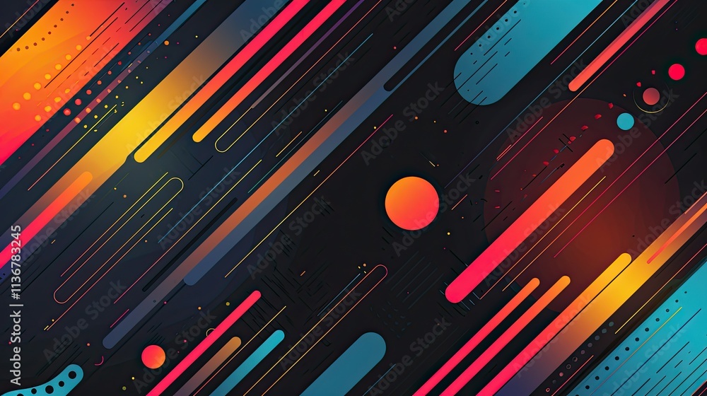 Poster abstract design with vibrant colors and dynamic lines on a dark background.