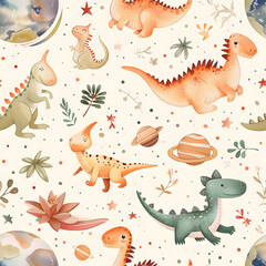 Dinosaurs Seamless Pattern - Adorable Dinosaurs and Space Adventure - Whimsical Kids' Pattern Design
