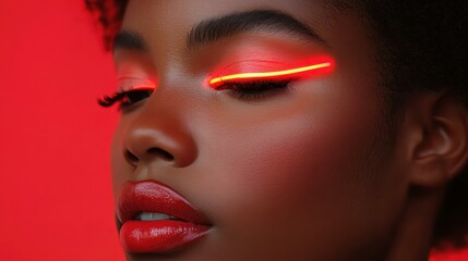 Close-up of African American woman with neon orange eyeliner and glossy red lips looking sideways, beauty makeup, fashion portrait, modern style, vibrant red background, trendy glow effect