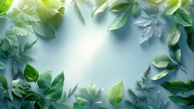 A leafy green background with a white border