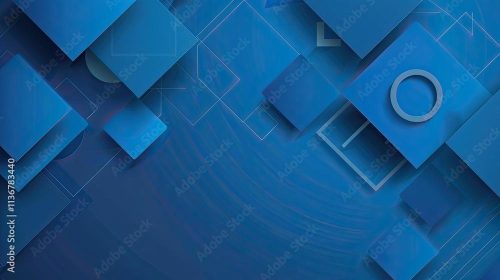 Poster abstract design featuring layered blue shapes and geometric patterns.