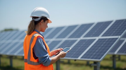"Solar Panel Inspection on a Sunny Day. Renewable Energy Monitoring in Action. Solar Energy Optimization: Field Inspection.